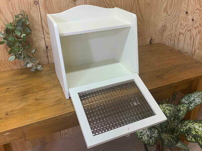 ブレッドケースアンティークホワイト35×25×32cmチェッカーガラスパンプキンノブ木製ひのきハンドメイドオーダーメイド