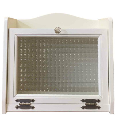 ブレッドケースアンティークホワイト35×25×32cmチェッカーガラスパンプキンノブ木製ひのきハンドメイドオーダーメイド