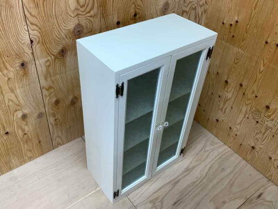 キャビネットフローラガラスアンティークホワイト50×25×80cmニッチ用背板ありパンプキンノブ北欧木製ひのきハンドメイドオーダーメイド