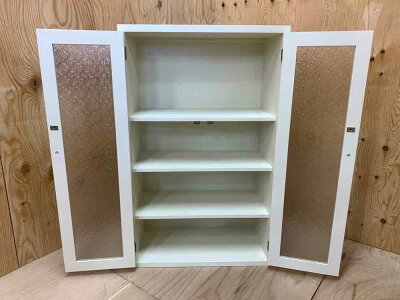 キャビネットフローラガラスアンティークホワイト50×25×80cmニッチ用背板ありパンプキンノブ北欧木製ひのきハンドメイドオーダーメイド