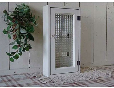 キーボックスアンティークホワイト20×7×38cmチェッカーガラスパンプキンノブ三段フックマグネットニッチ用木製ひのきハンドメイドオーダーメイド