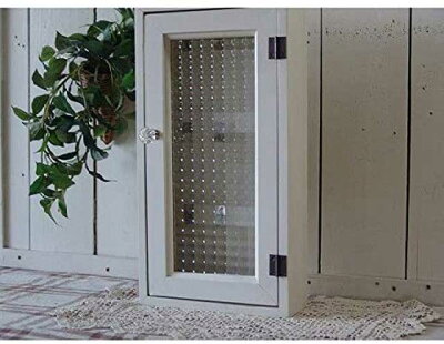キーボックスアンティークホワイト20×7×38cmチェッカーガラスパンプキンノブ三段フックマグネットニッチ用木製ひのきハンドメイドオーダーメイド