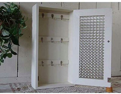 キーボックスアンティークホワイト20×7×38cmチェッカーガラスパンプキンノブ三段フックマグネットニッチ用木製ひのきハンドメイドオーダーメイド