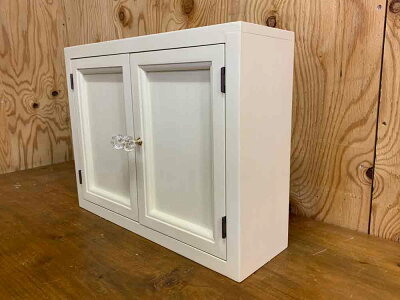 キャビネットアンティークホワイト40×11×30cmパンプキンノブ木製扉ニッチ用二段仕様背板なし木製ひのきハンドメイドオーダーメイド