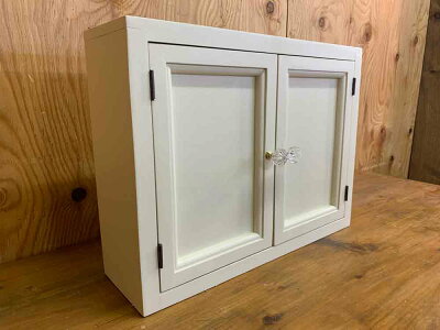 キャビネットアンティークホワイト40×11×30cmパンプキンノブ木製扉ニッチ用二段仕様背板なし木製ひのきハンドメイドオーダーメイド