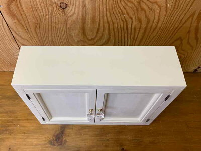 キャビネットアンティークホワイト40×11×30cmパンプキンノブ木製扉ニッチ用二段仕様背板なし木製ひのきハンドメイドオーダーメイド