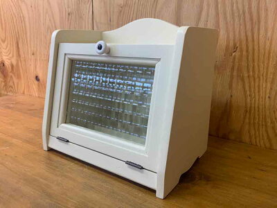 ブレッドケースチェッカーガラスアンティークホワイト25×17×22cmミニミニサイズ木製ひのきハンドメイドオーダーメイド