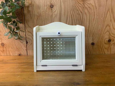 ブレッドケースチェッカーガラスアンティークホワイト25×17×22cmミニミニサイズ木製ひのきハンドメイドオーダーメイド