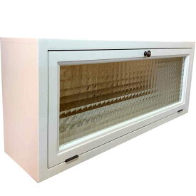 キャビネット チェッカーガラス アンティークホワイト 65×15×26cm 真鍮つまみ 横型 キッチンカウンター上収納 木製 ひのき ハンドメイド オーダーメイド