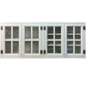 吊り戸棚 透明ガラス アンティークホワイト 120×30×50cm パンプキンノブ 桟入り 右三段棚 左二段棚 木製 ひのき ハンドメイド オーダーメイド