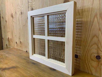 フィックス窓チェッカーガラスライトオーク36×3.5×36cm室内窓両面十字桟入り北欧木製ひのきハンドメイドオーダーメイド