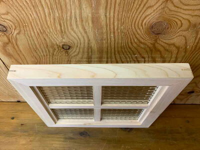 フィックス窓チェッカーガラスライトオーク36×3.5×36cm室内窓両面十字桟入り北欧木製ひのきハンドメイドオーダーメイド