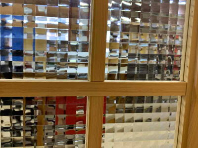 フィックス窓チェッカーガラスライトオーク36×3.5×36cm室内窓両面十字桟入り北欧木製ひのきハンドメイドオーダーメイド
