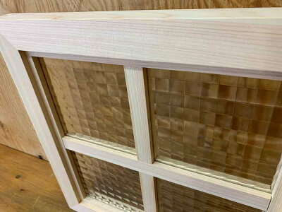 フィックス窓チェッカーガラスライトオーク36×3.5×36cm室内窓両面十字桟入り北欧木製ひのきハンドメイドオーダーメイド