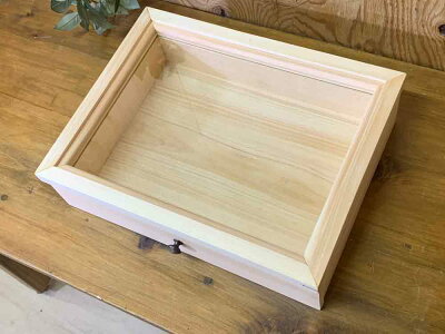 引き出し式コレクションケース透明ガラス35×27×9.5cmライトオーク真鍮つまみ木製ひのきハンドメイドオーダーメイド