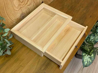 引き出し式コレクションケース透明ガラス35×27×9.5cmライトオーク真鍮つまみ木製ひのきハンドメイドオーダーメイド