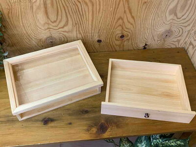 引き出し式コレクションケース透明ガラス35×27×9.5cmライトオーク真鍮つまみ木製ひのきハンドメイドオーダーメイド