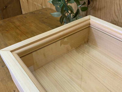引き出し式コレクションケース透明ガラス35×27×9.5cmライトオーク真鍮つまみ木製ひのきハンドメイドオーダーメイド