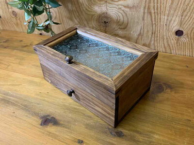 ジュエリーケースフローラガラスダークブラウン25×15×11.5cm引き出し真鍮つまみ木製ひのきハンドメイドオーダーメイド