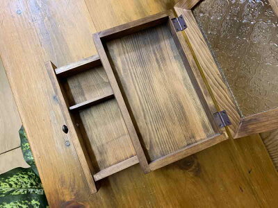 ジュエリーケースフローラガラスダークブラウン25×15×11.5cm引き出し真鍮つまみ木製ひのきハンドメイドオーダーメイド