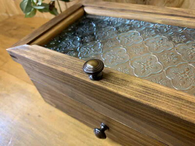 ジュエリーケースフローラガラスダークブラウン25×15×11.5cm引き出し真鍮つまみ木製ひのきハンドメイドオーダーメイド