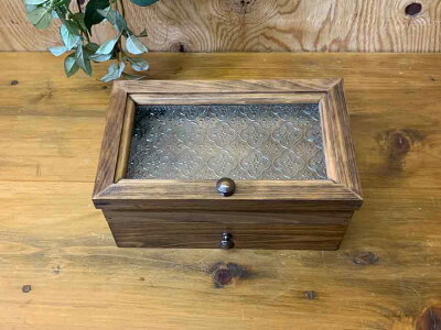 ジュエリーケースフローラガラスダークブラウン25×15×11.5cm引き出し真鍮つまみ木製ひのきハンドメイドオーダーメイド