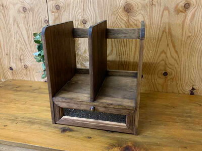 ブックスタンドフローラガラスダークブラウン30×25×34cm引き出しつき真鍮つまみ木製ひのきハンドメイドオーダーメイド