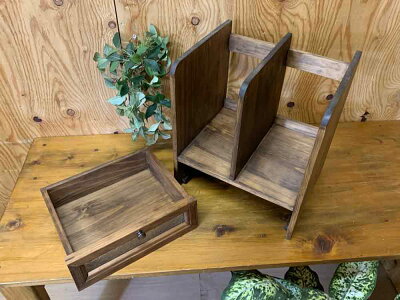 ブックスタンドフローラガラスダークブラウン30×25×34cm引き出しつき真鍮つまみ木製ひのきハンドメイドオーダーメイド