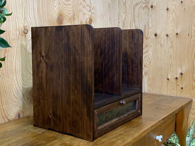 ブックスタンドフローラガラスダークブラウン35×25×34cm引き出しつき真鍮つまみ木製ひのきハンドメイドオーダーメイド