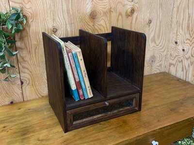 ブックスタンドフローラガラスダークブラウン35×25×34cm引き出しつき真鍮つまみ木製ひのきハンドメイドオーダーメイド