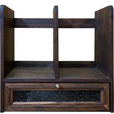 ブックスタンドフローラガラスダークブラウン35×25×34cm引き出しつき真鍮つまみ木製ひのきハンドメイドオーダーメイド