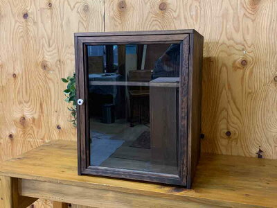 コレクションケース透明ガラス扉二段棚40×35×50cmダークブラウン置き型木製ひのきハンドメイドオーダーメイド