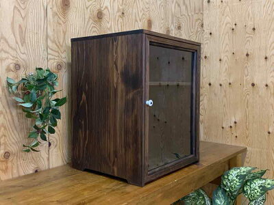 コレクションケース透明ガラス扉二段棚40×35×50cmダークブラウン置き型木製ひのきハンドメイドオーダーメイド
