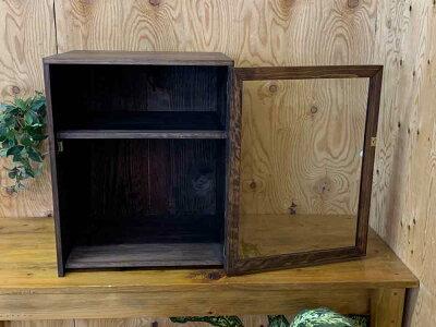 コレクションケース透明ガラス扉二段棚40×35×50cmダークブラウン置き型木製ひのきハンドメイドオーダーメイド