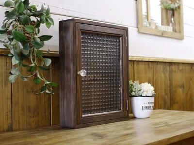 キーボックスチェッカーガラスダークブラウン28×7×35cm角型パンプキンノブニッチ用木製ひのきハンドメイドオーダーメイド