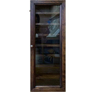 メガネ収納ケース ダークブラウン 19.5×8.5×55cm 透明ガラス 真鍮つまみ 壁掛け 木製 ひのき ハンドメイド オーダーメイド