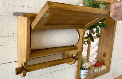 キッチンペーパーホルダーW31xD17xH28木製扉壁かけラックレギュラーサイズ(230mm)アンティークブラウンハンドメイド手作りオーダーメイド木製ひのき受注製作