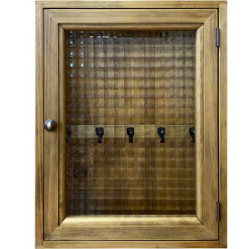 キーボックス チェッカーガラス アンティークブラウン 28×6×35cm 角型 真鍮つまみ ニッチ用 木製 ひのき ハンドメイド オーダーメイド
