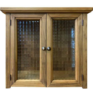 キャビネット 真鍮つまみ アンティークブラウン 40×22×30cm チェッカーガラス扉 側面フローラガラス 置き型 木製 ひのき ハンドメイド オーダーメイド