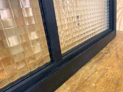 室内窓ブラックステイン78×3.5×50cmチェッカーガラス両面桟入り木製ひのきハンドメイドオーダーメイド