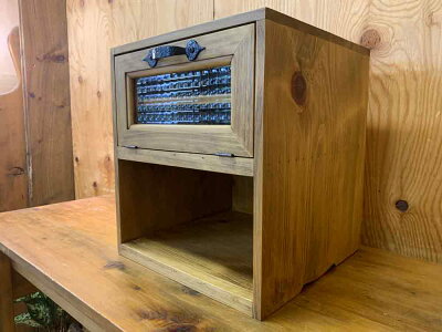スパイスラックチェッカーガラスアンティークブラウン31×31×35cm黒アイアン取っ手可動棚置き型木製ひのきハンドメイドオーダーメイド