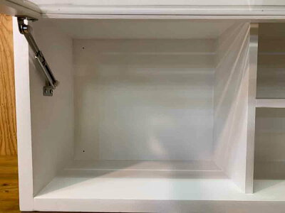 キャビネット横型65×19×30cmマットホワイトフラップアップト型棚付き透明ガラス真鍮つまみ背板あり木製ひのきハンドメイドオーダーメイド