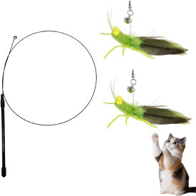 猫おもちゃ 猫じゃらし バッタ型 昆虫型 天然羽 鈴付き 猫じゃらし 人気 ねこ おもちゃ 釣り竿 頑丈 一人遊び ストレス解消 運動不足解消 2点セット