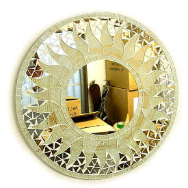 壁掛け 鏡 丸型 モザイクミラー モザイクガラス 鏡 直径40cm オフホワイト ラメ 太陽 アジアン 雑貨 バリ 雑貨 タイ 雑貨 アジアン インテリア