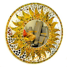 壁掛けバリモザイクミラーM丸型黄色・ドット太陽[D.40cm] アジアン 雑貨 バリ 雑貨 タイ 雑貨 アジアン インテリア