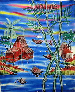 現代アートバティック縦M『バンブーと海、帆船』青 アジアン 雑貨 バリ 雑貨 タイ 雑貨 アジアン インテリア 【ゆうパケット対応】