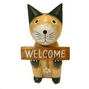 木製 Welcome プレート ネコ ナチュラル 木彫り ボード ねこ 約19cm アジアン バリ タイ エスニック 猫 雑貨 オブジェ インテリア