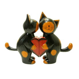 木製 ネコ 置物 インテリア 猫 黒 カップル ハート 17cm アジアン バリ タイ オブジェ 可愛い ギフト プレゼント