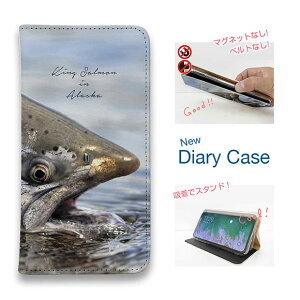 スマホケース 手帳型 ベルトなし マグネットなし iPhone17 Pro Max iPhone Air iPhone16e Pro Max 16 Plus 15 Pro Max 14 Plus Xperia 10 VII Galaxy AQUOS Pixel10 Pro XL 釣り 魚 ルアー アラスカのキングサーモン