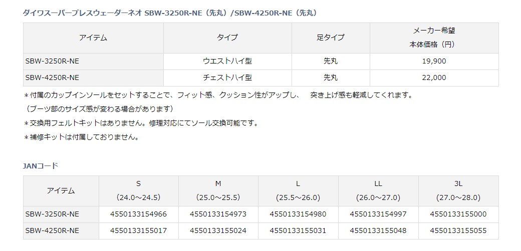 楽天市場】ダイワ (Daiwa) SBW-4250R-NE（先丸）Sサイズ（24.0〜24.5 